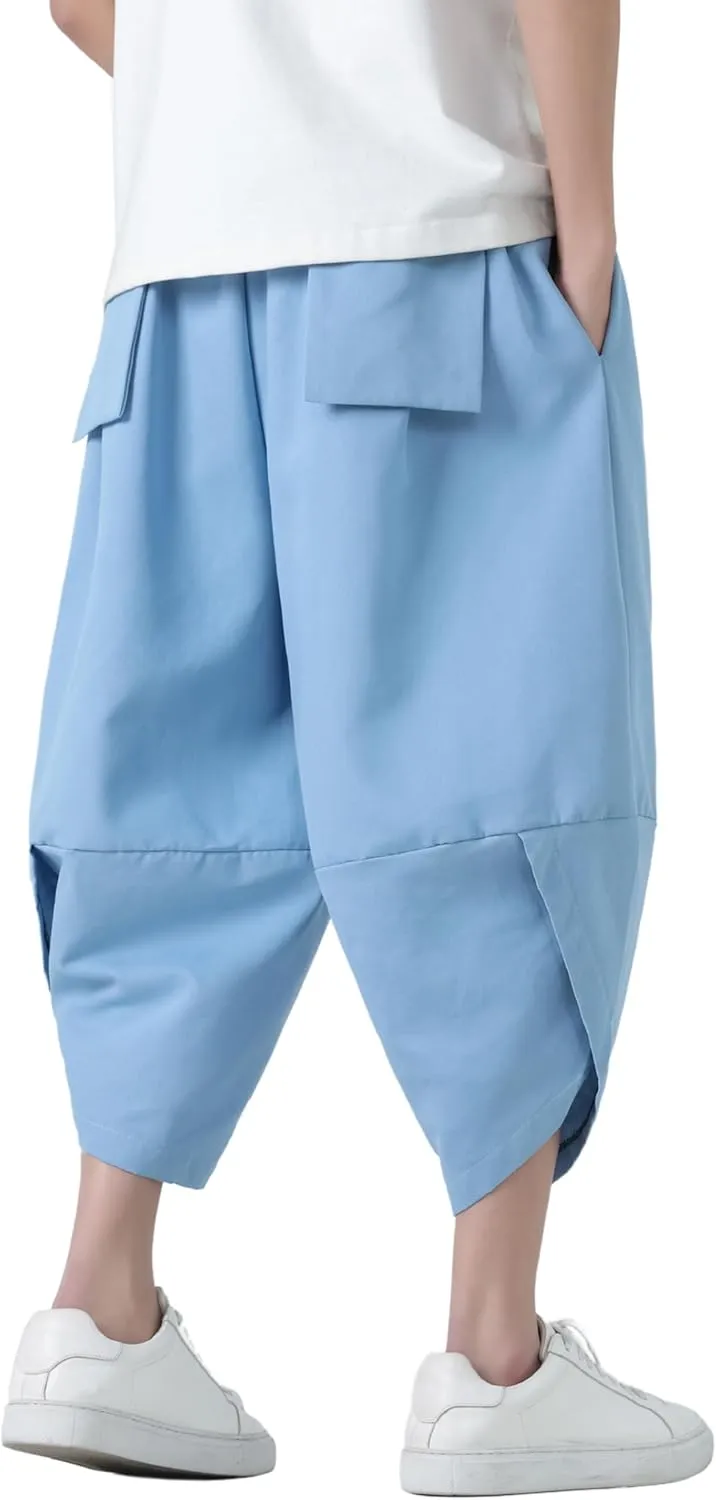 PRIJOUHE Men's Casual Wide Leg Baggy Harem Pant Lightweight Drop Crotch Summer Beach Linen Capri Pants