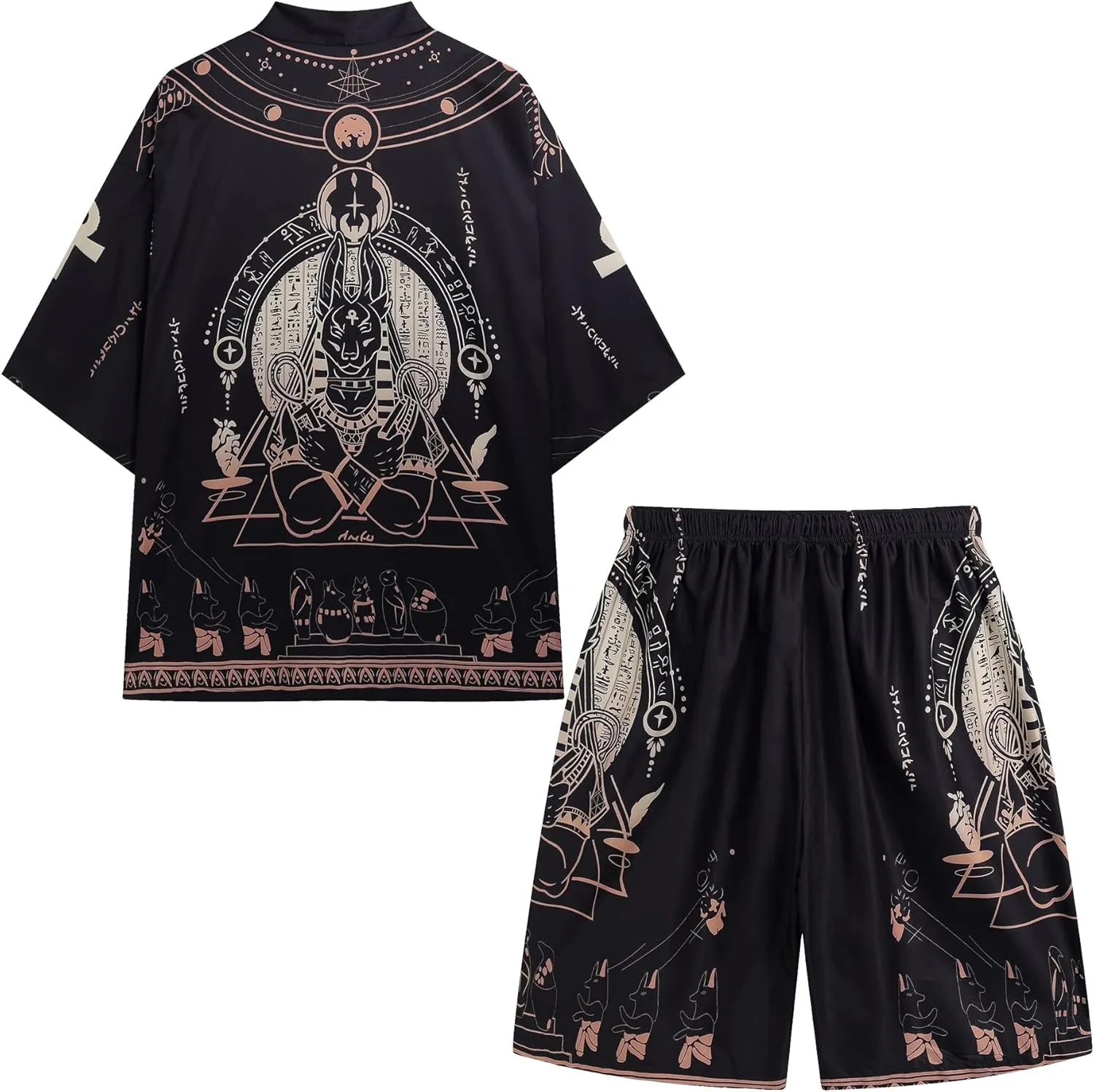 PRIJOUHE Mens Japanese Kimono Coat Suits Loose Open Front Seven Sleeve Kimono Cardigan Jacket with Shorts