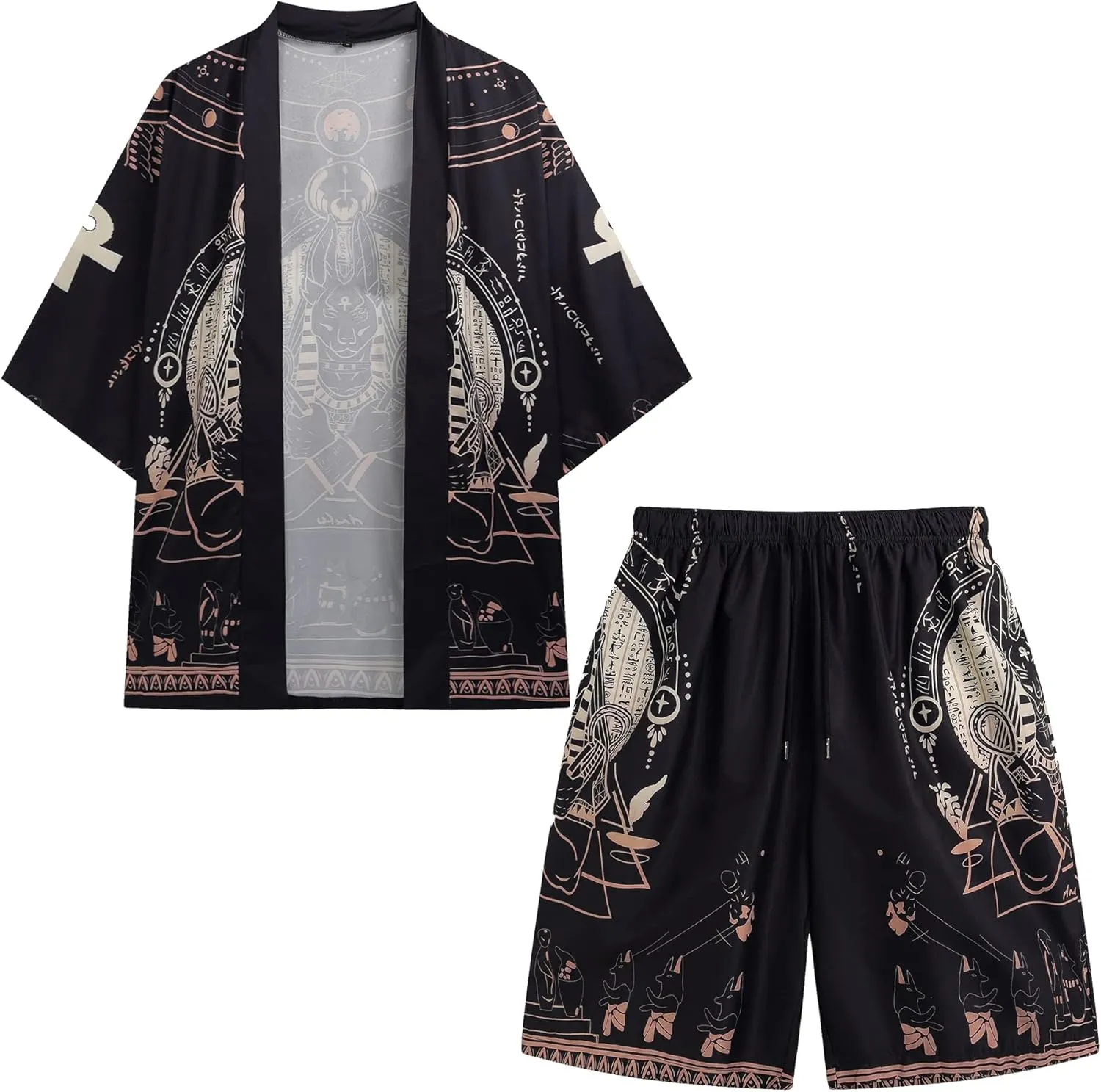 PRIJOUHE Mens Japanese Kimono Coat Suits Loose Open Front Seven Sleeve Kimono Cardigan Jacket with Shorts