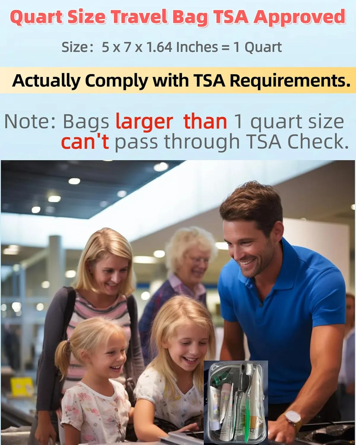 Quart Size Travel Bag TSA Approved Toiletry Bag, Airplane Essentials for Flying, Long Flight European International Must Haves (1, Blue)