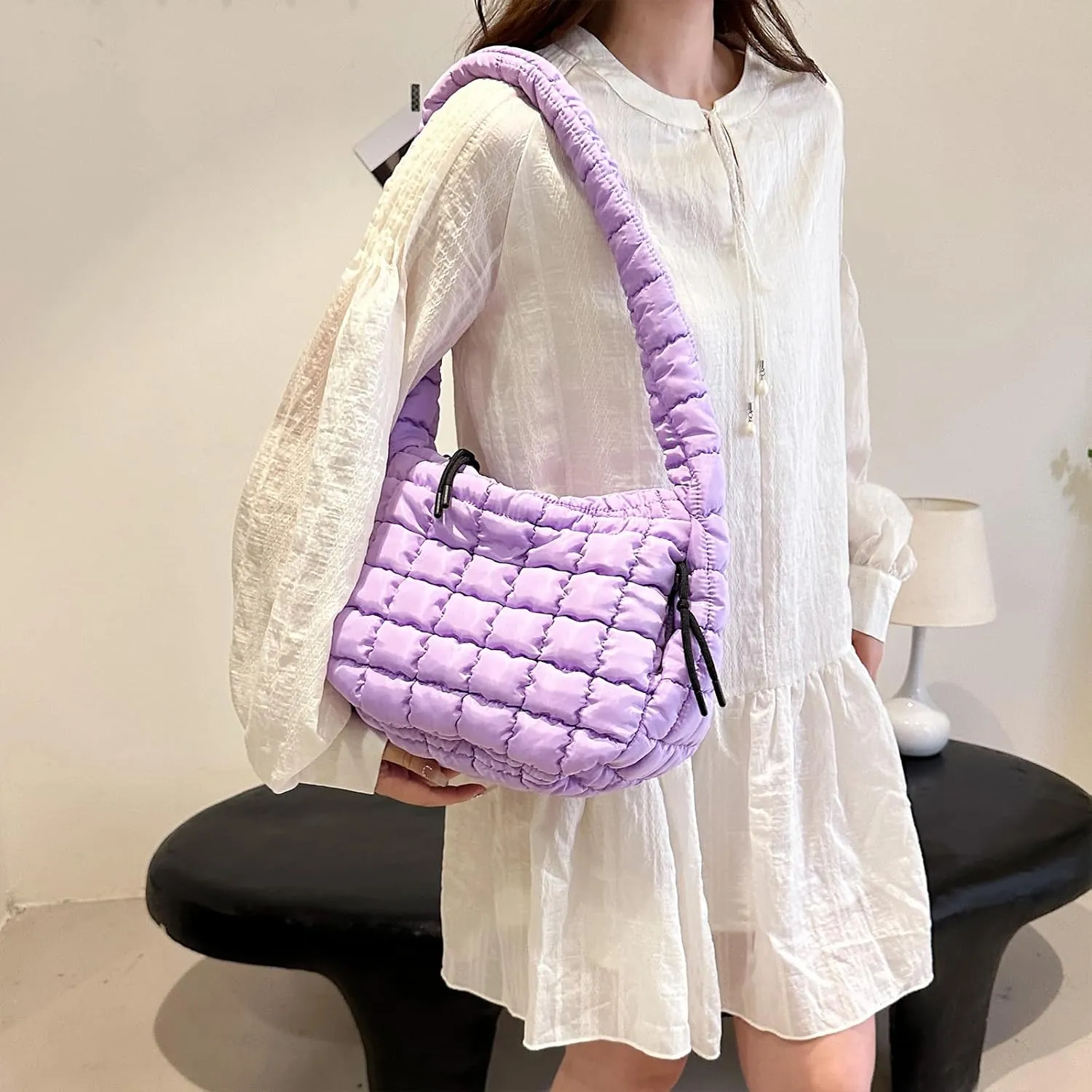 Quilted Tote Bag - Small Lightweight Puffer Hobo Bag for Women