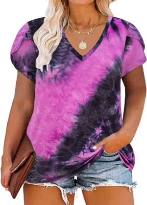 RITERA Plus Size Tops for Women Floral/Solid Color Short Sleeve V Neck with Ring Hole Summer Tshirt XL-5XL