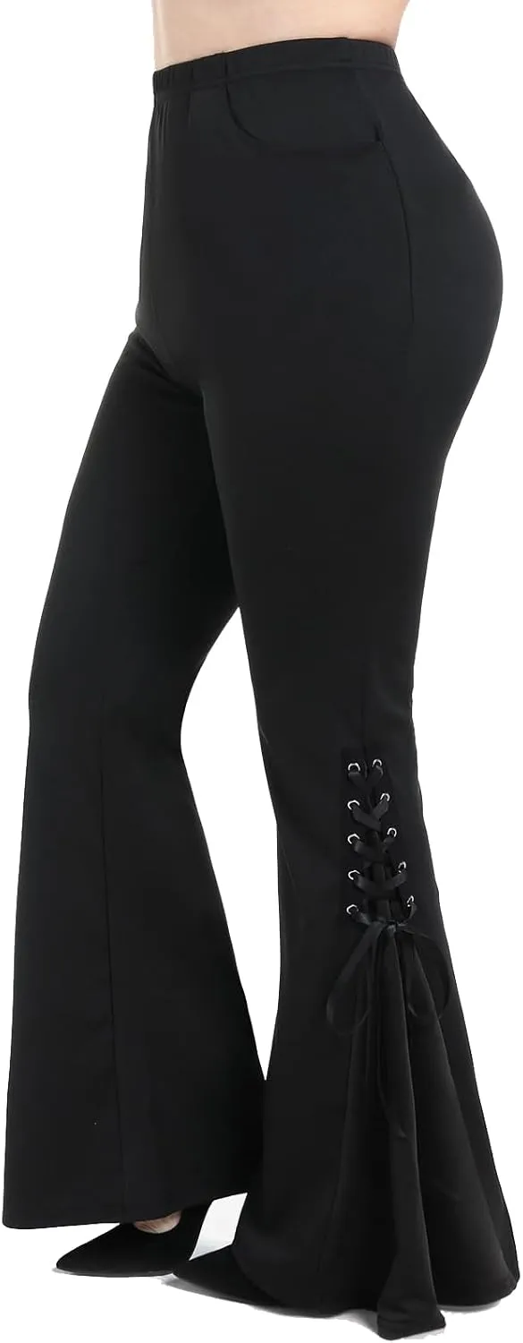 ROSE GAL Womens Plus Size Gothic Lace Up Two Tone Godet Hem Pull On Flare Pants