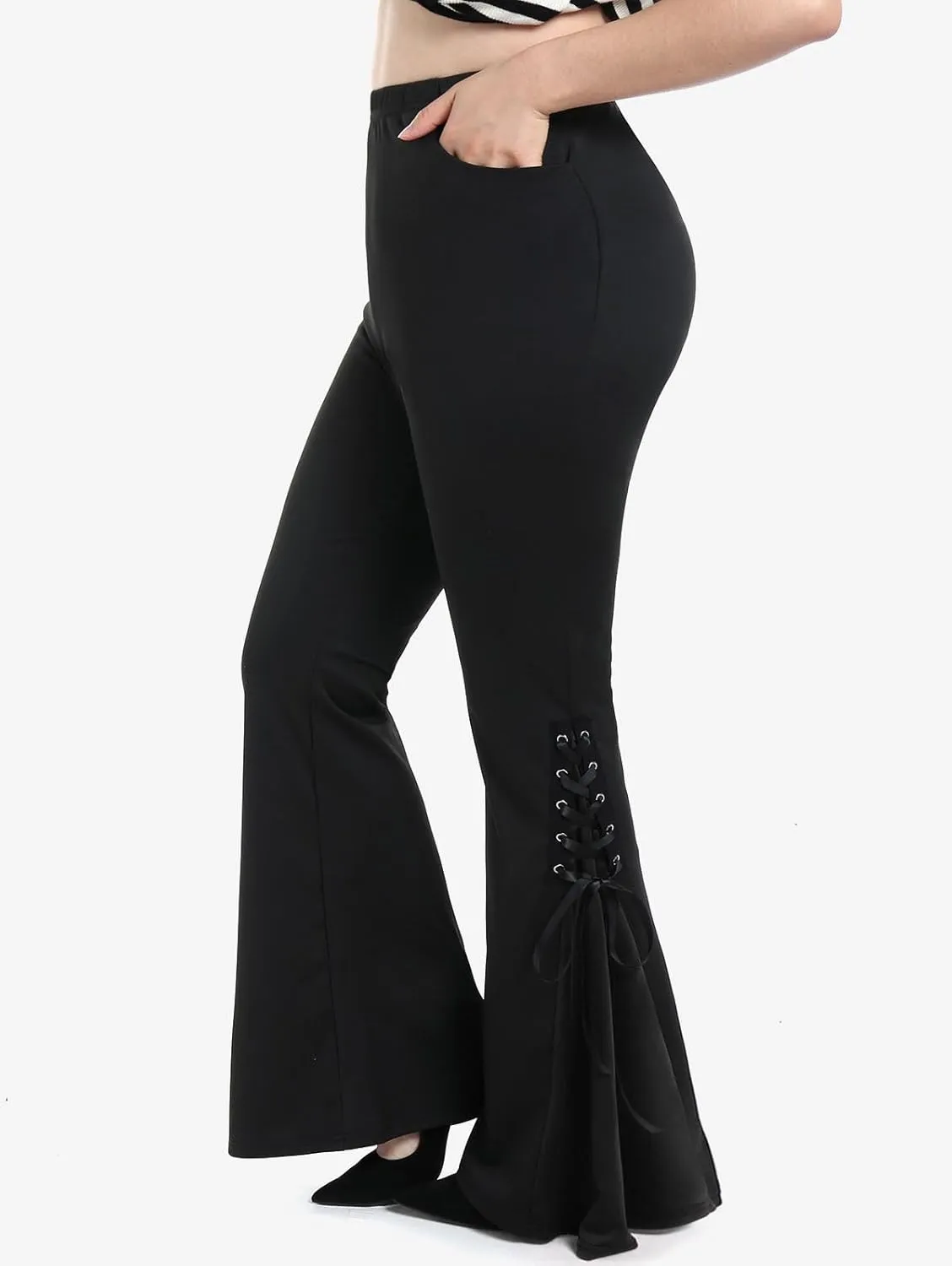 ROSE GAL Womens Plus Size Gothic Lace Up Two Tone Godet Hem Pull On Flare Pants