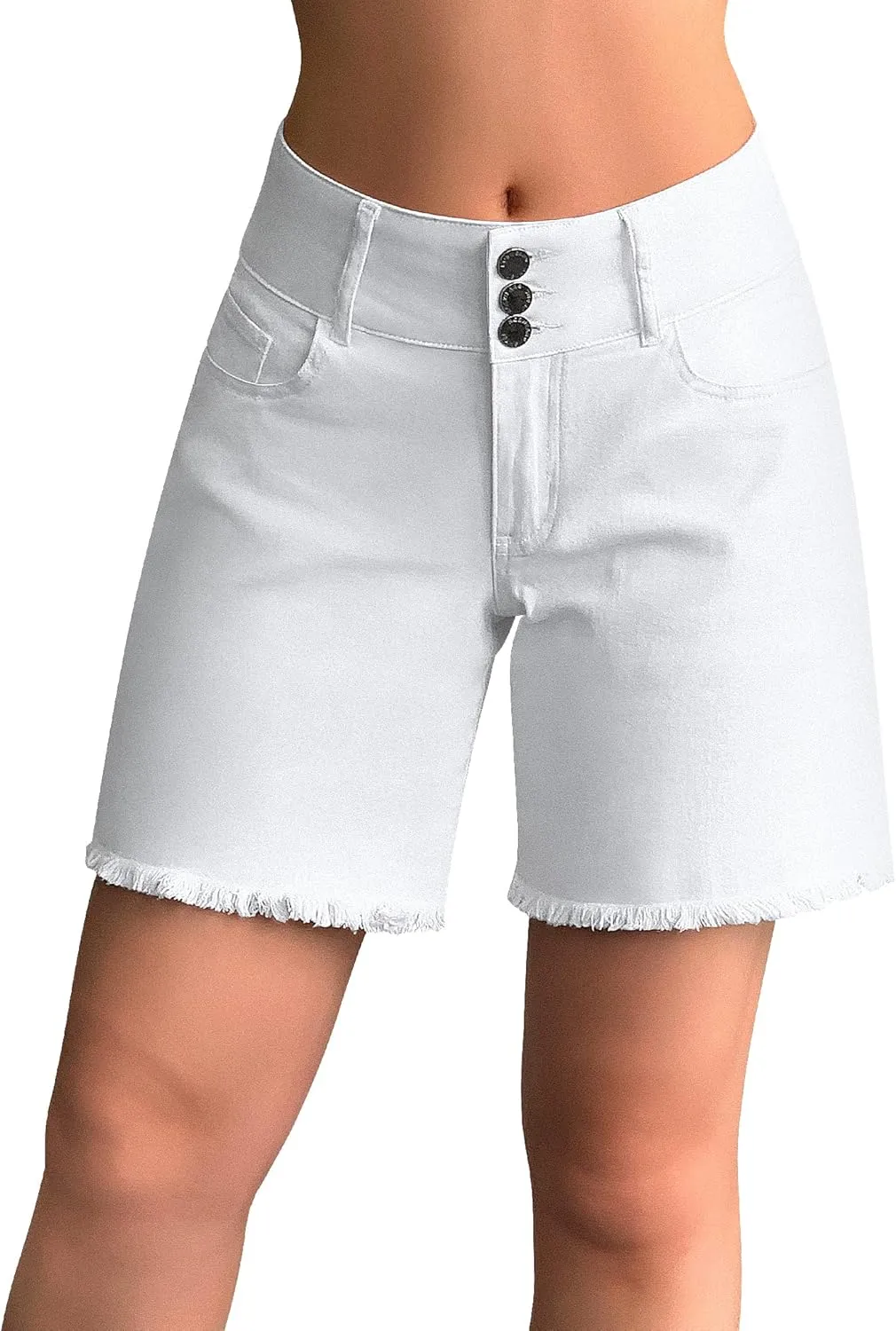 roswear Women's Stretchy Wide Leg High Waisted Frayed Hem Long Jean Shorts