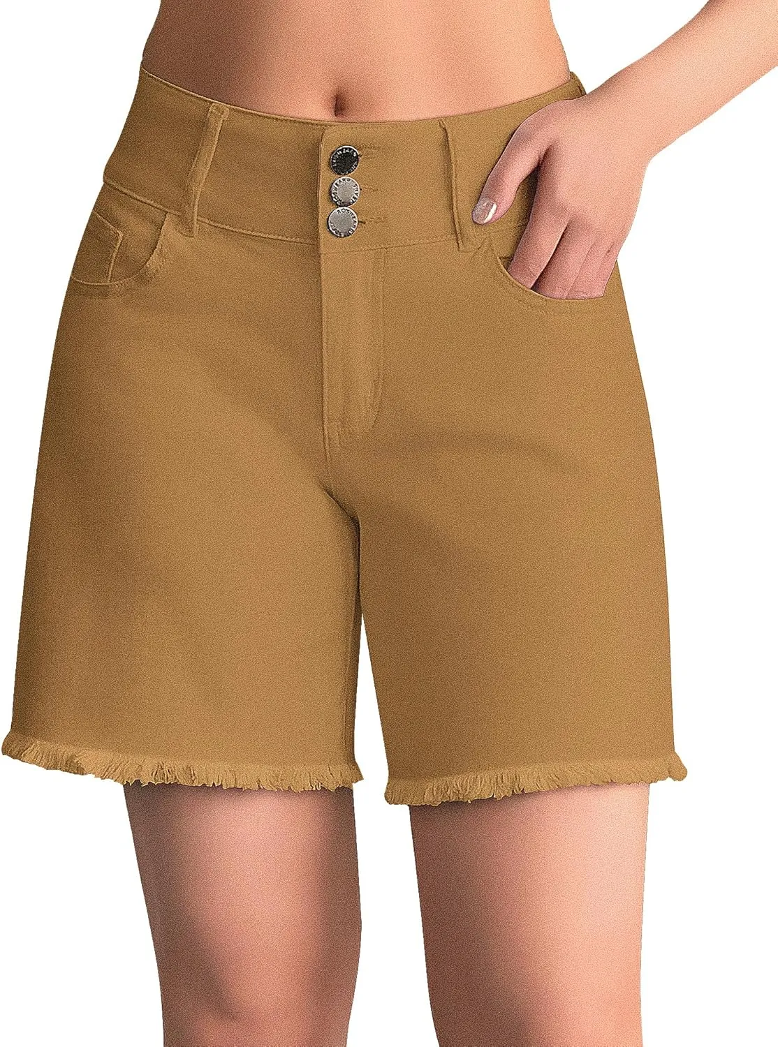 roswear Women's Stretchy Wide Leg High Waisted Frayed Hem Long Jean Shorts
