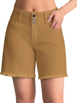 roswear Women's Stretchy Wide Leg High Waisted Frayed Hem Long Jean Shorts