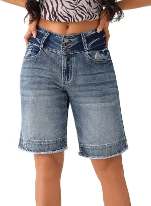 roswear Women's Stretchy Wide Leg High Waisted Frayed Hem Long Jean Shorts