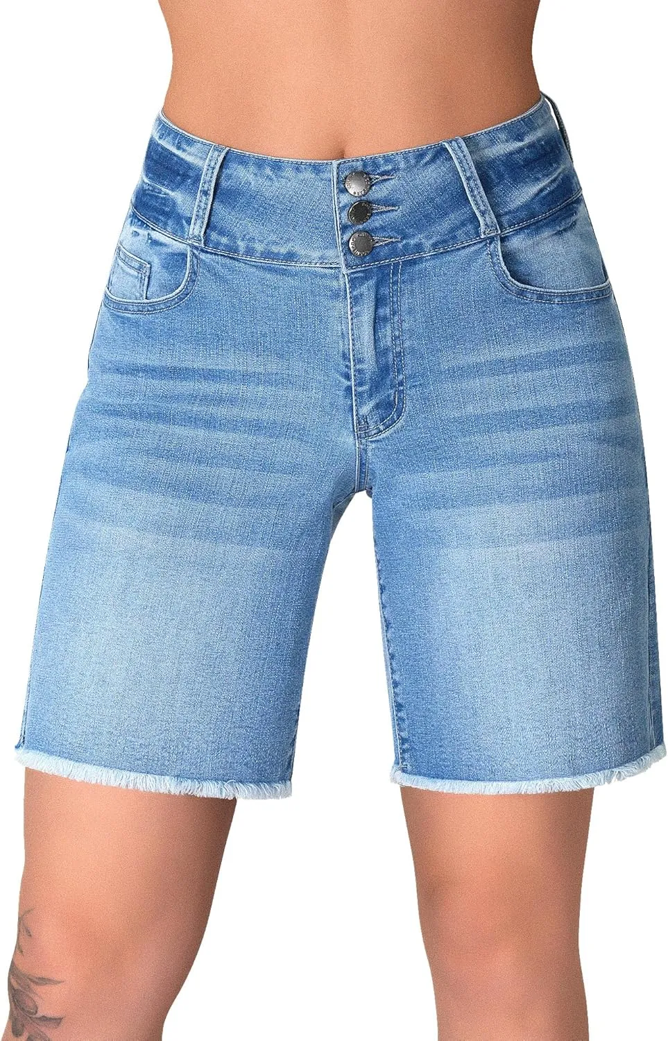 roswear Women's Stretchy Wide Leg High Waisted Frayed Hem Long Jean Shorts