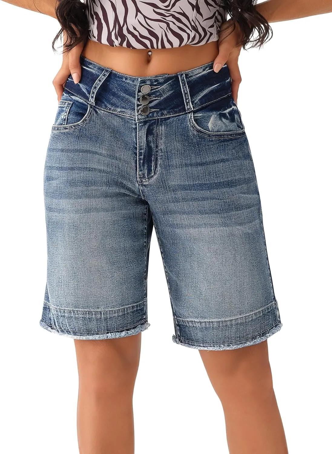 roswear Women's Stretchy Wide Leg High Waisted Frayed Hem Long Jean Shorts