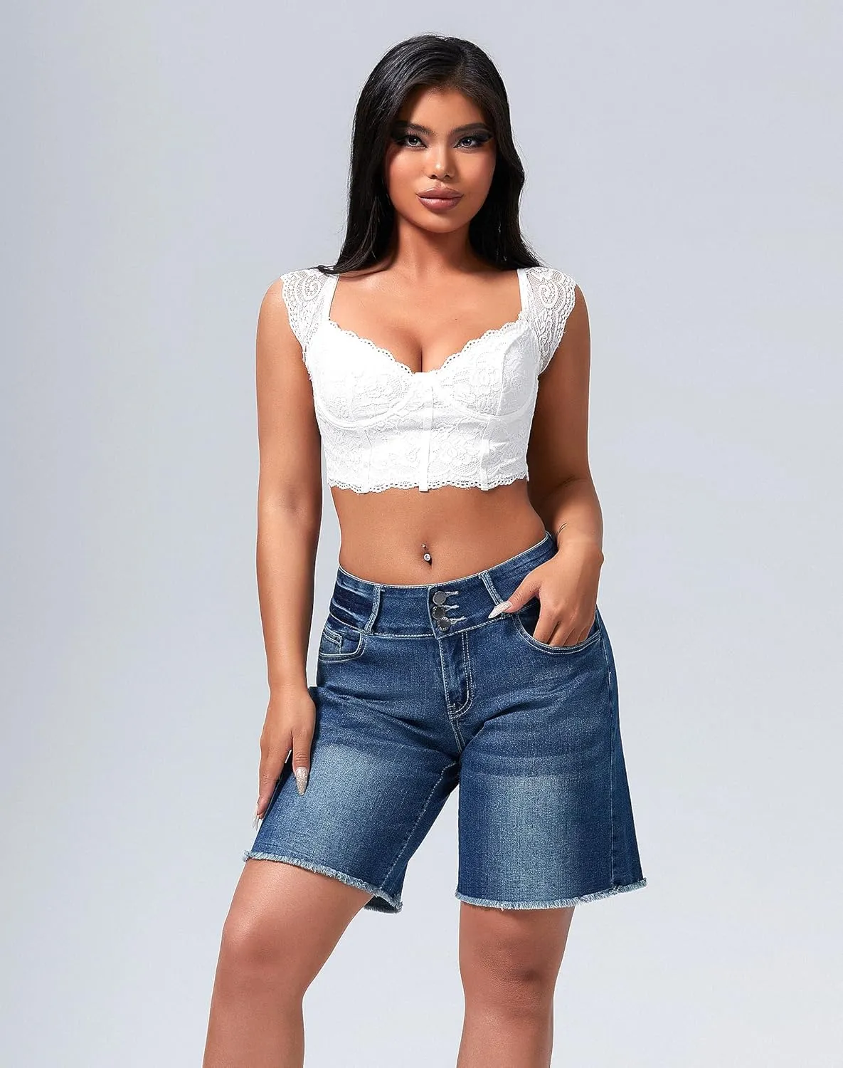 roswear Women's Stretchy Wide Leg High Waisted Frayed Hem Long Jean Shorts