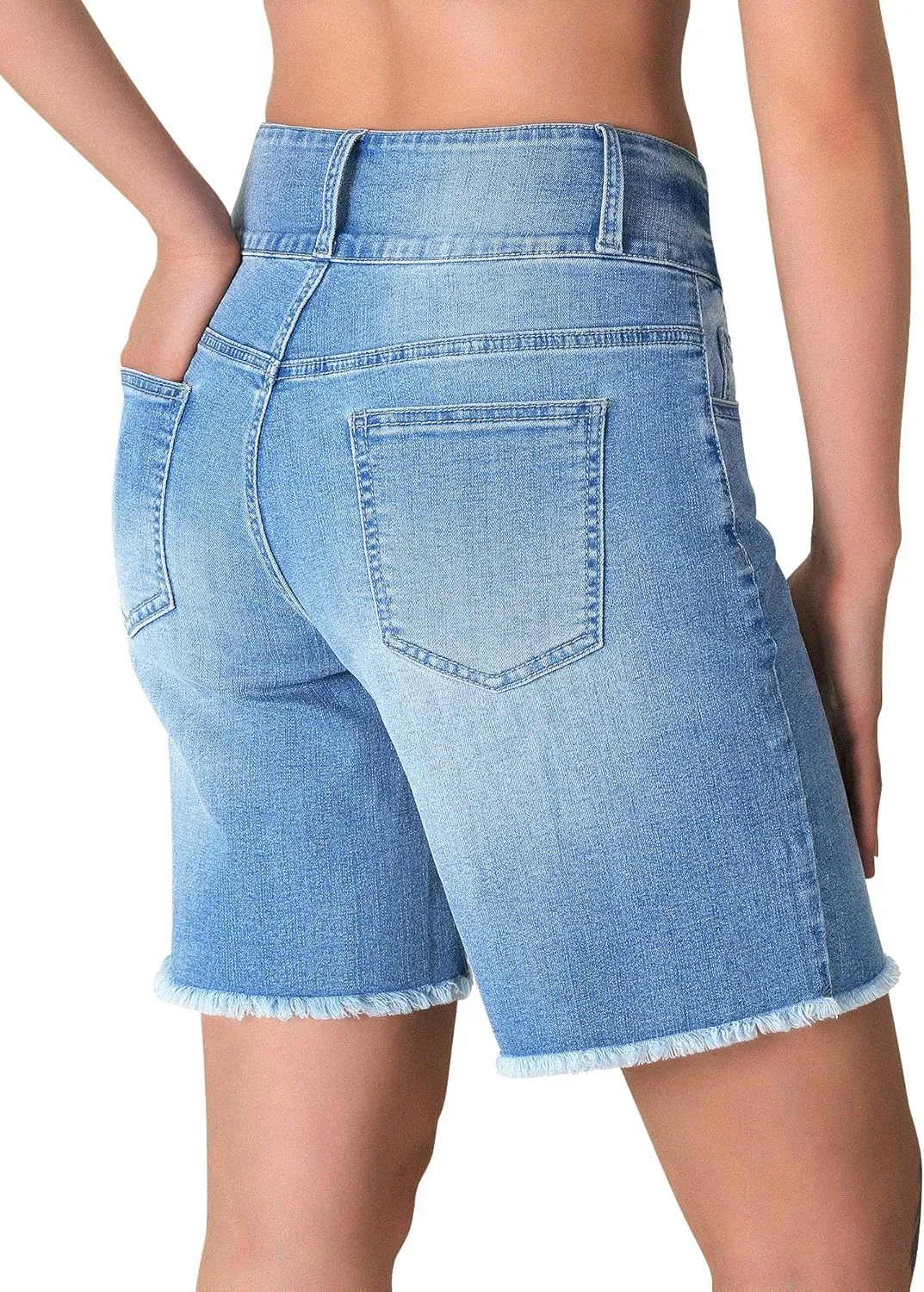 roswear Women's Stretchy Wide Leg High Waisted Frayed Hem Long Jean Shorts