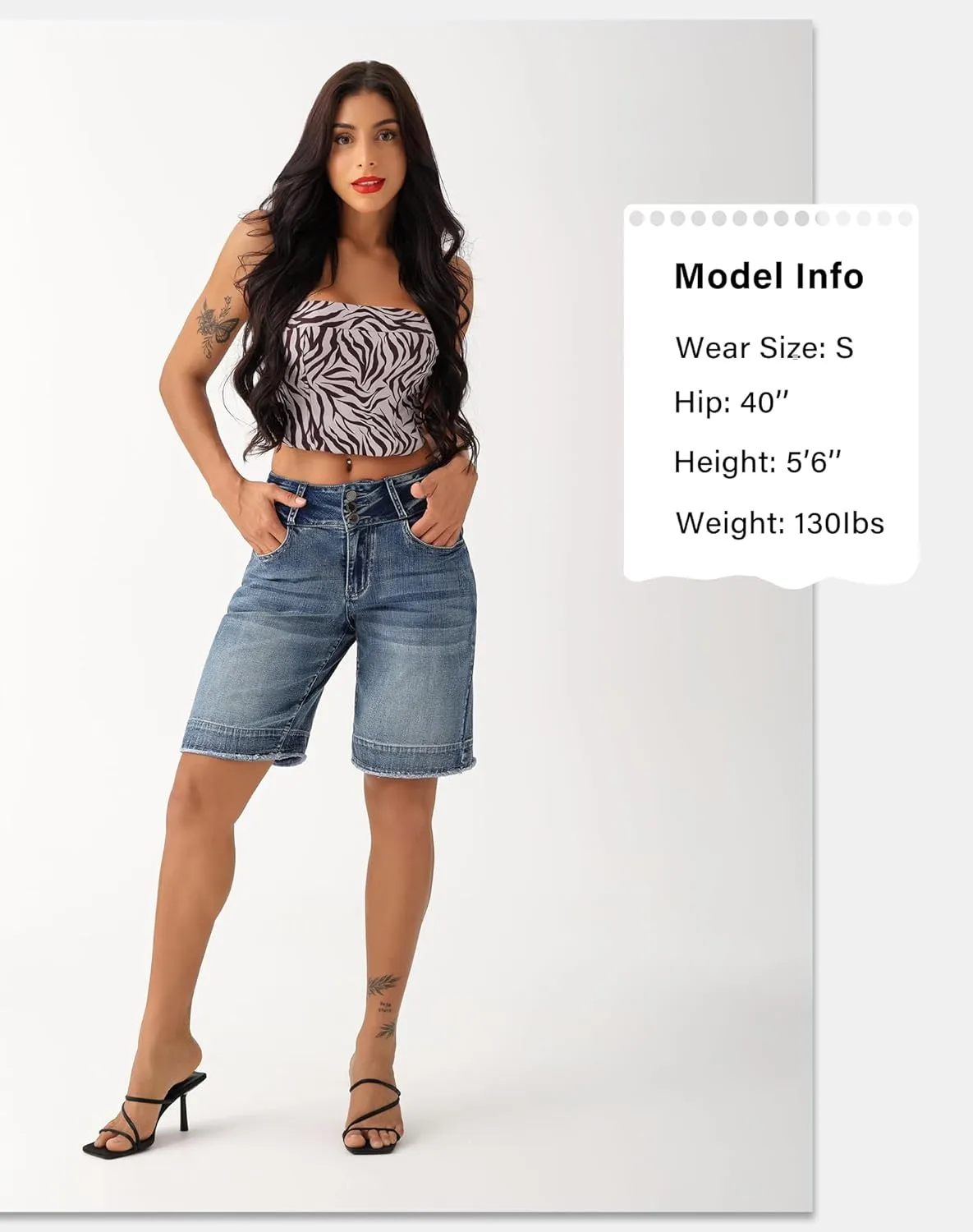 roswear Women's Stretchy Wide Leg High Waisted Frayed Hem Long Jean Shorts