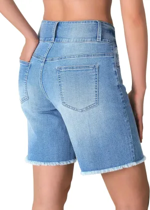 roswear Women's Stretchy Wide Leg High Waisted Frayed Hem Long Jean Shorts