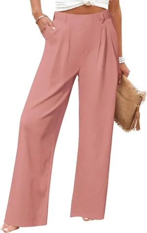 SEMARO Womens Casual High Waisted Linen Pants Wide Leg Lounge Palazzo Trousers Beach Outfits with Pockets
