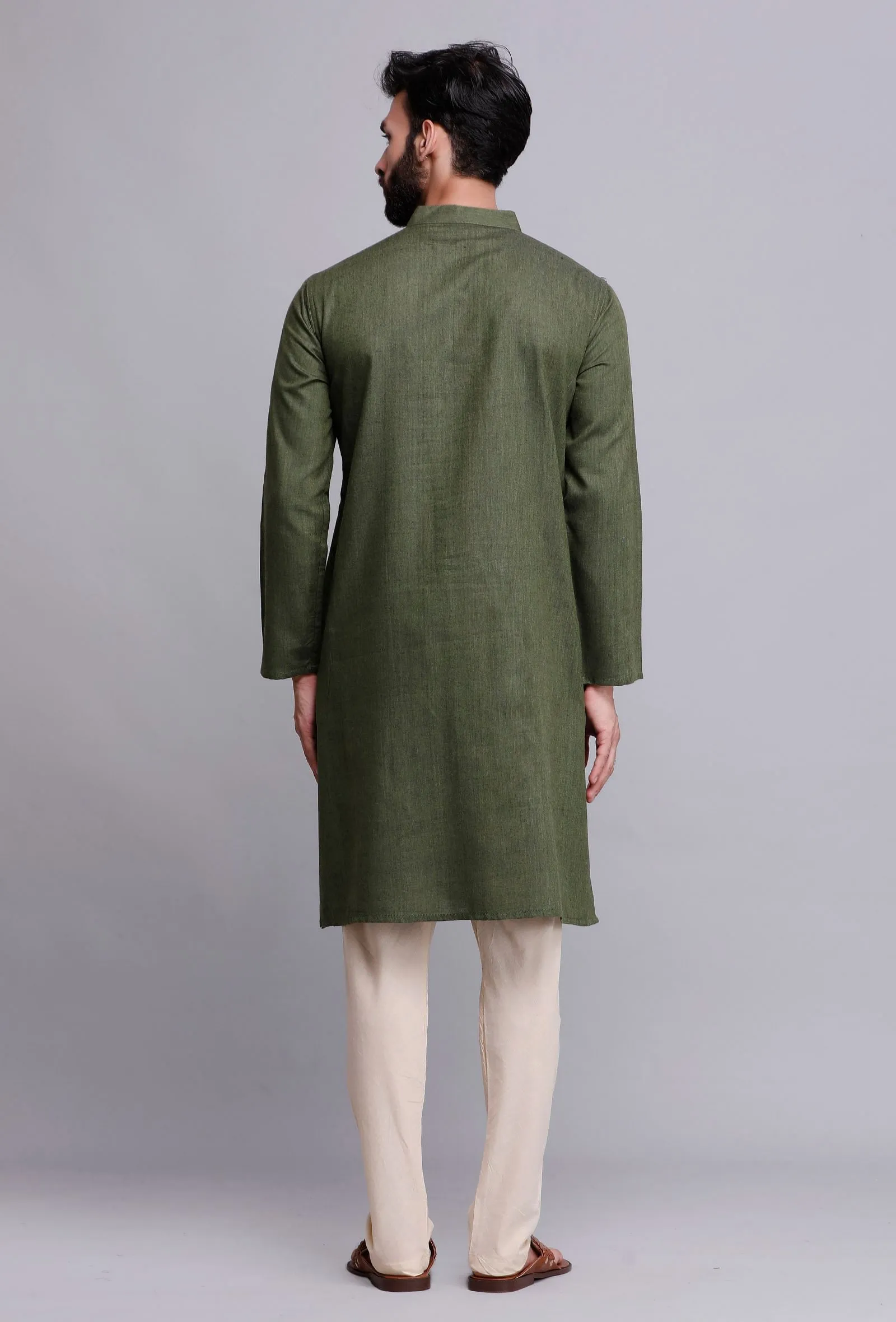 Set of 2: Bottle Green Cotton Kurta and Pyjama Set