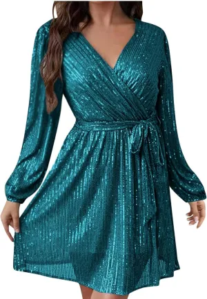 Sexy Sequin Dress for Women Party Night Long Sleeve Wrap V Neck Glitter Dresses Fashion Tie Waist V Neck Midi Dresses