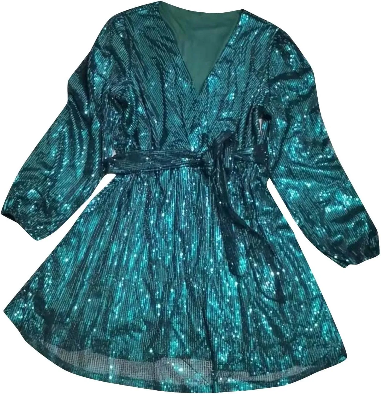 Sexy Sequin Dress for Women Party Night Long Sleeve Wrap V Neck Glitter Dresses Fashion Tie Waist V Neck Midi Dresses