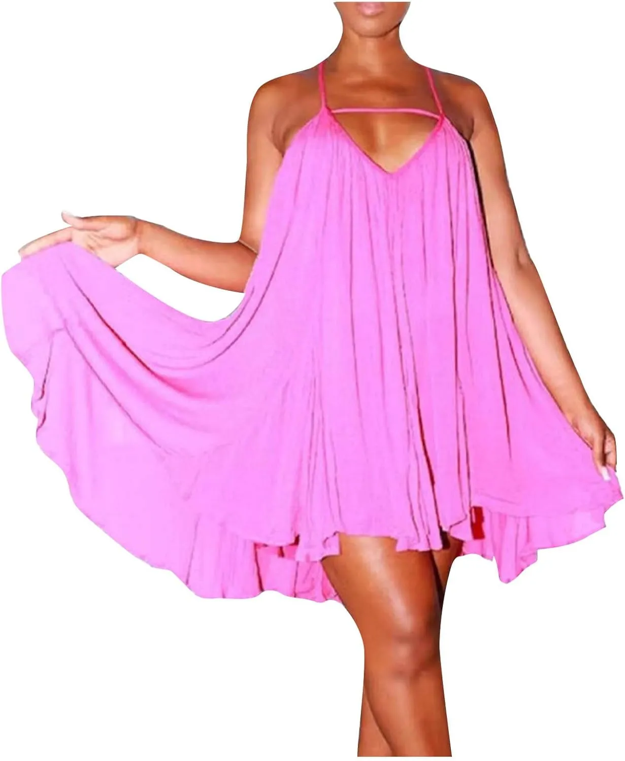 Sexy Sleeveless Dresses for Womens Spaghetti Strap Solid Color Summer A Line Dress Ruffles Party Clubwear Mini Dress