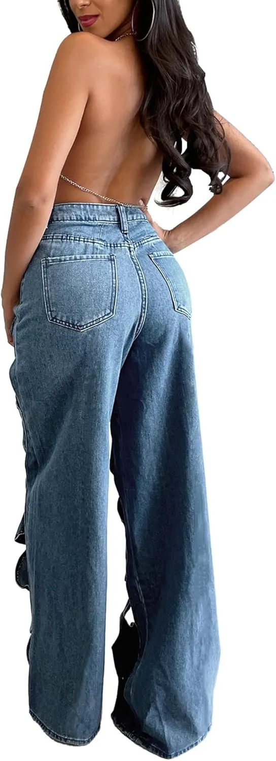 Sexyshine Women's Hollow Out Baggy Jeans Y2k High Waist Criss Cross See Through Straight Wide Leg Denim Pants