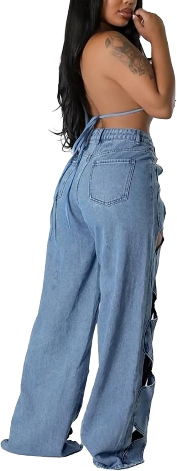 Sexyshine Women's Hollow Out Baggy Jeans Y2k High Waist Criss Cross See Through Straight Wide Leg Denim Pants