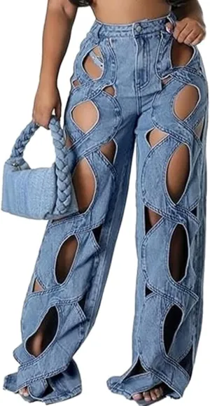 Sexyshine Women's Hollow Out Baggy Jeans Y2k High Waist Criss Cross See Through Straight Wide Leg Denim Pants
