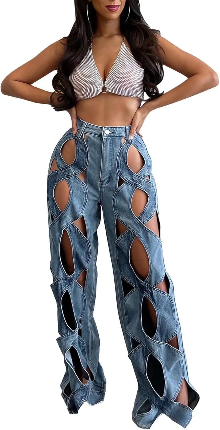 Sexyshine Women's Hollow Out Baggy Jeans Y2k High Waist Criss Cross See Through Straight Wide Leg Denim Pants