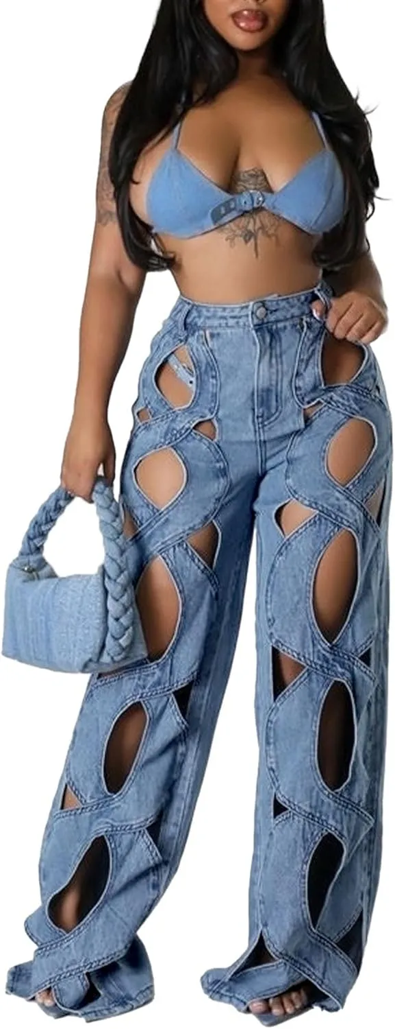 Sexyshine Women's Hollow Out Baggy Jeans Y2k High Waist Criss Cross See Through Straight Wide Leg Denim Pants