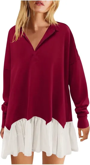 Shirt Dresses for Women 2024 Trendy Long Sleeve Patchwork Sweatshirt Dress Cute V Neck Ruffle Button Up Mini Dresses