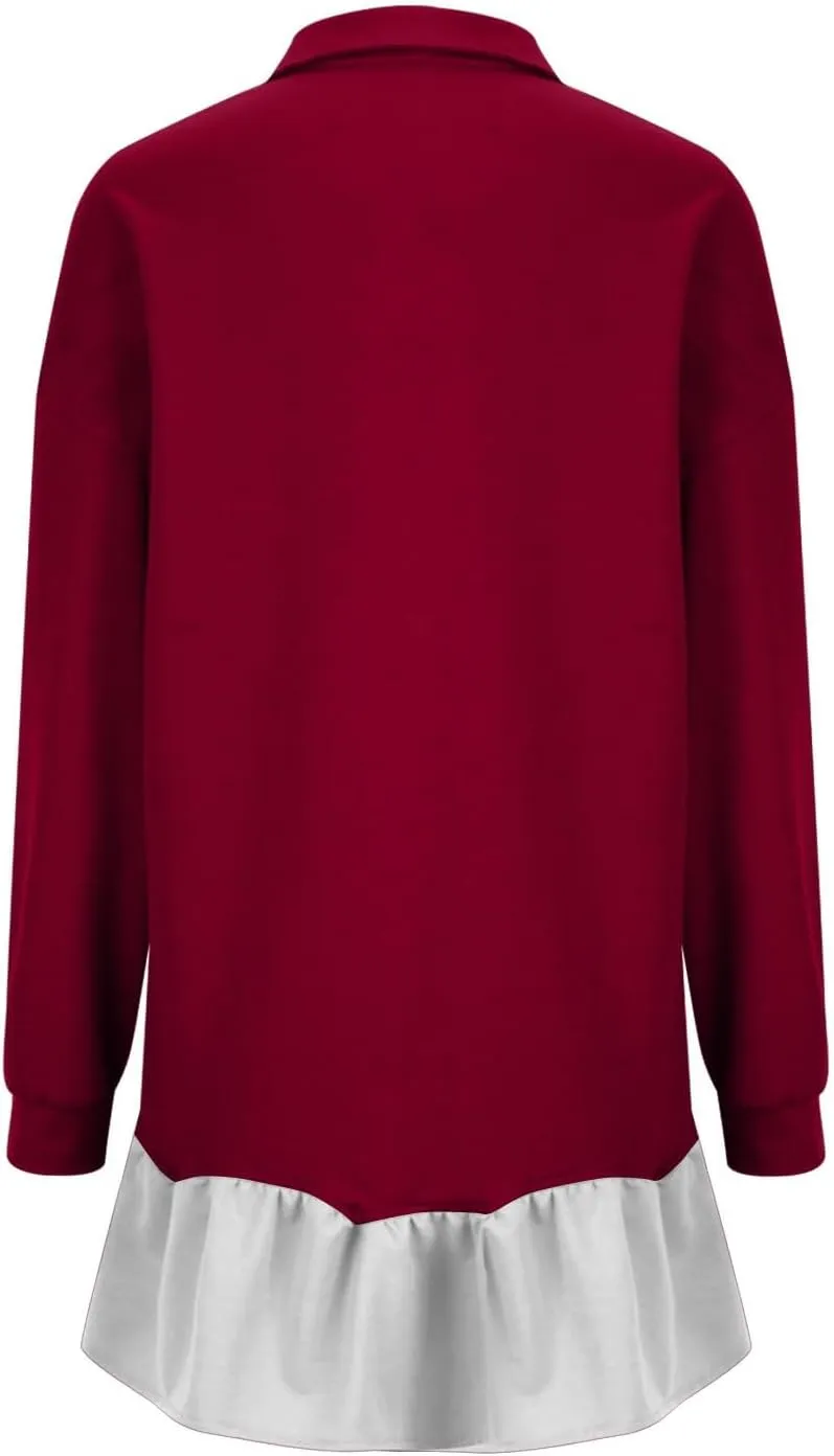 Shirt Dresses for Women 2024 Trendy Long Sleeve Patchwork Sweatshirt Dress Cute V Neck Ruffle Button Up Mini Dresses