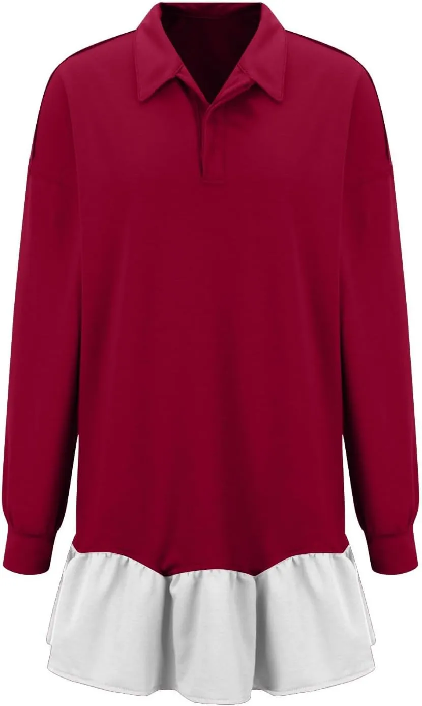 Shirt Dresses for Women 2024 Trendy Long Sleeve Patchwork Sweatshirt Dress Cute V Neck Ruffle Button Up Mini Dresses