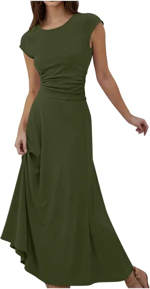 Skirt Sets Women 2 Piece Outfits Casual Ribbed Knit Crewneck Cap Sleeve Crop Top High Waisted Swing Maxi Skirts