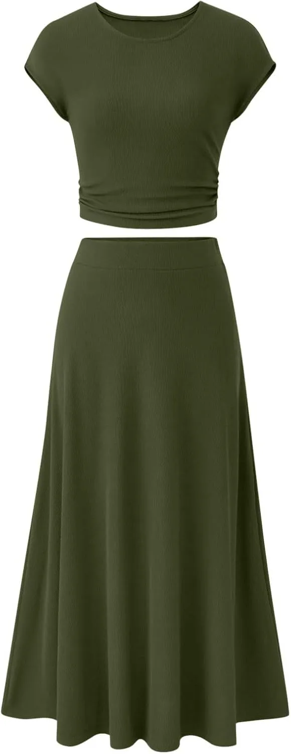 Skirt Sets Women 2 Piece Outfits Casual Ribbed Knit Crewneck Cap Sleeve Crop Top High Waisted Swing Maxi Skirts