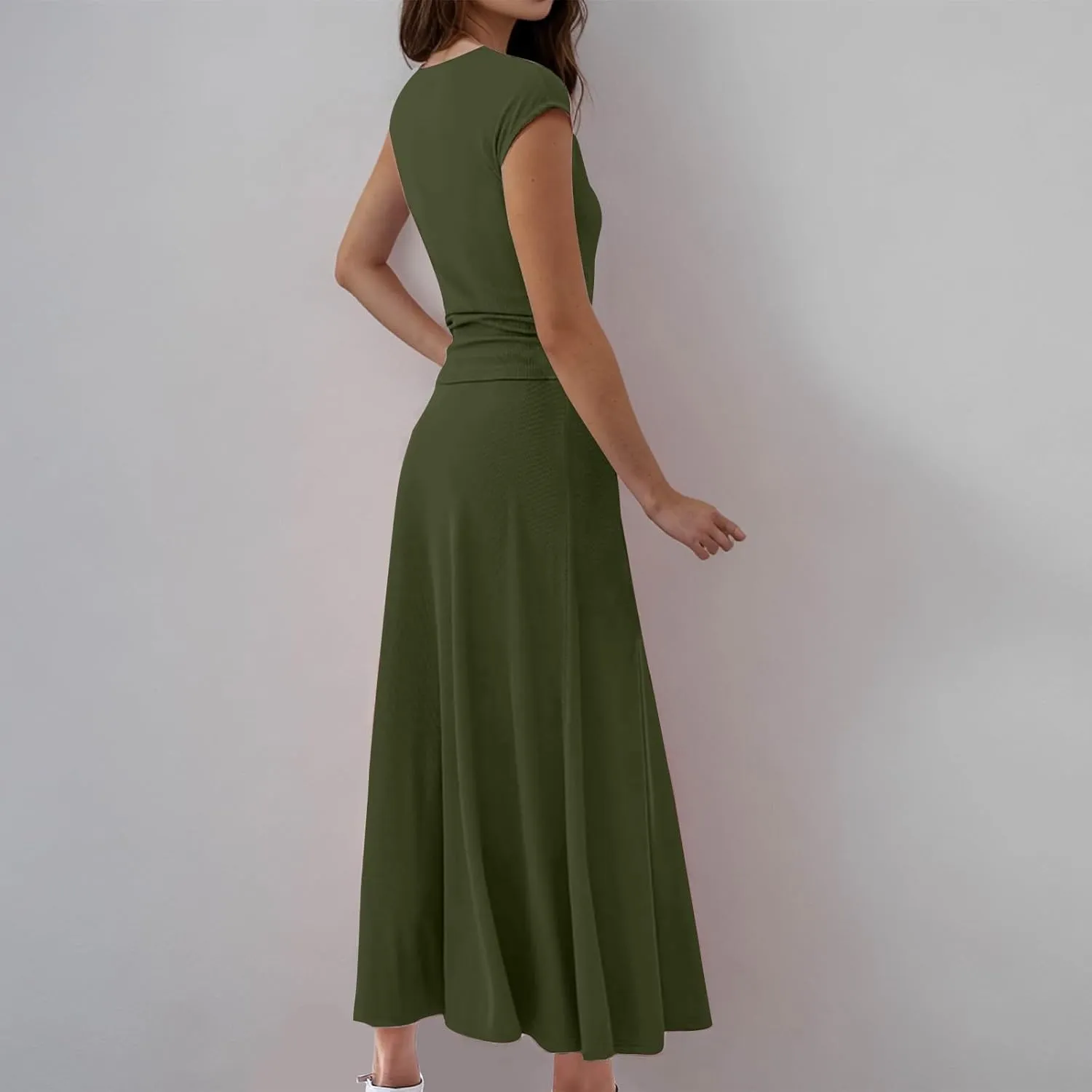 Skirt Sets Women 2 Piece Outfits Casual Ribbed Knit Crewneck Cap Sleeve Crop Top High Waisted Swing Maxi Skirts