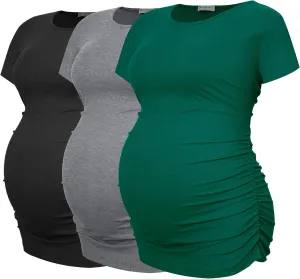 Smallshow Women's Maternity Shirts Ribbed Ruched Pregnancy Clothes Tops 3 Packs