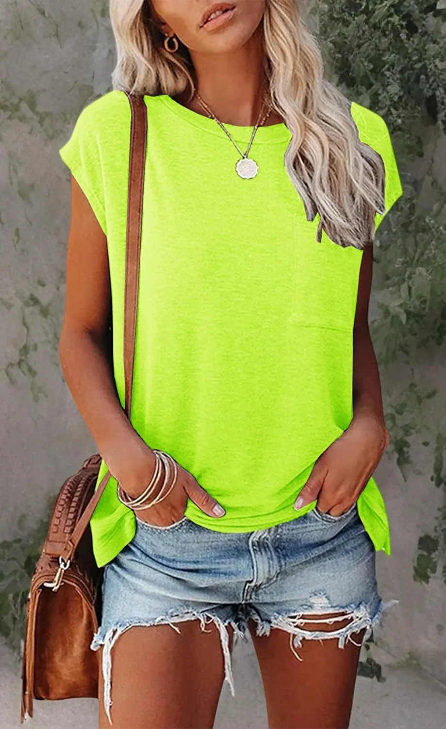 Smile Fish Womens Summer Short Cap Sleeve Shirts Solid Loose Fit Pocket Tunic Tops