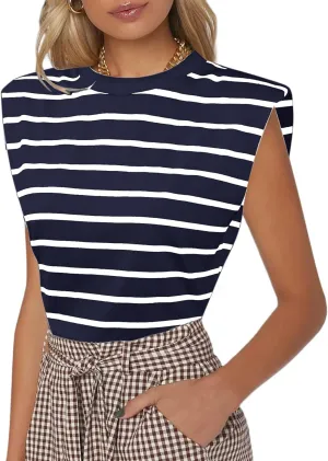 SOFIA'S CHOICE Women's Shoulder Pad Tops Summer Casual Tank Top Round Neck Loose Sleeveless Shirt