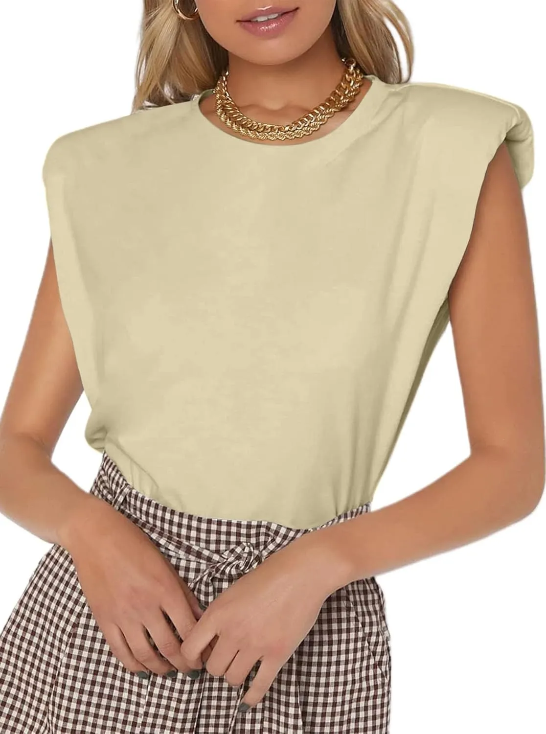 SOFIA'S CHOICE Women's Shoulder Pad Tops Summer Casual Tank Top Round Neck Loose Sleeveless Shirt