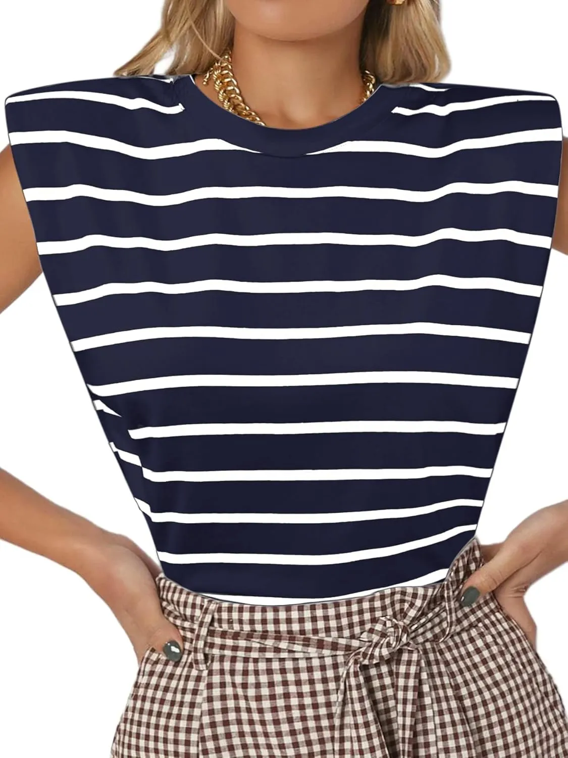 SOFIA'S CHOICE Women's Shoulder Pad Tops Summer Casual Tank Top Round Neck Loose Sleeveless Shirt