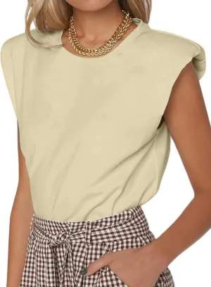 SOFIA'S CHOICE Women's Shoulder Pad Tops Summer Casual Tank Top Round Neck Loose Sleeveless Shirt