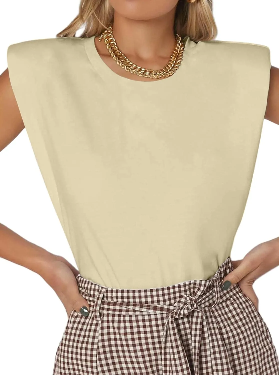 SOFIA'S CHOICE Women's Shoulder Pad Tops Summer Casual Tank Top Round Neck Loose Sleeveless Shirt