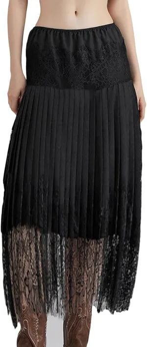 SOLILOQUY Women Y2k Lace Midi Skirts Fairy Lace Half Slip Skirt Pleated Ruffle Floral Lace Tiered Maxi Long Skirt Underskirt