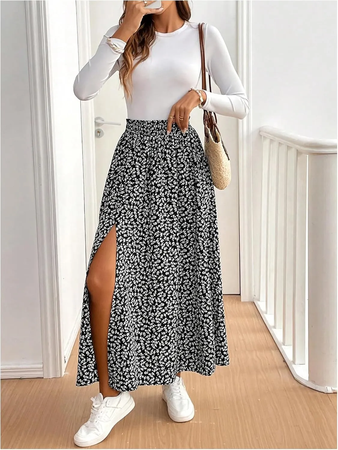 SOLY HUX Women's Floral Print Skirt High Waisted Split A Line Flowy Casual Summer Long Skirts