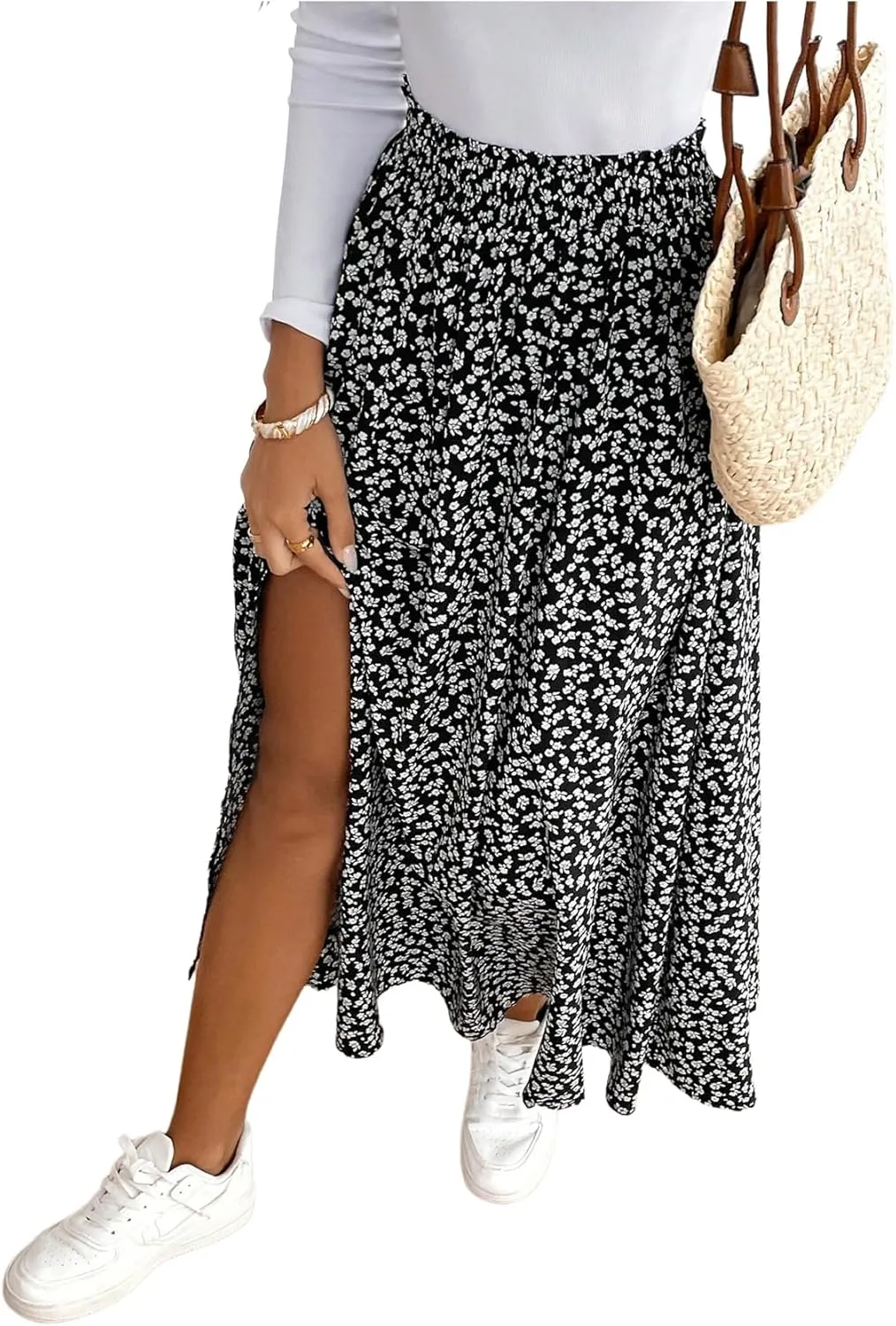 SOLY HUX Women's Floral Print Skirt High Waisted Split A Line Flowy Casual Summer Long Skirts