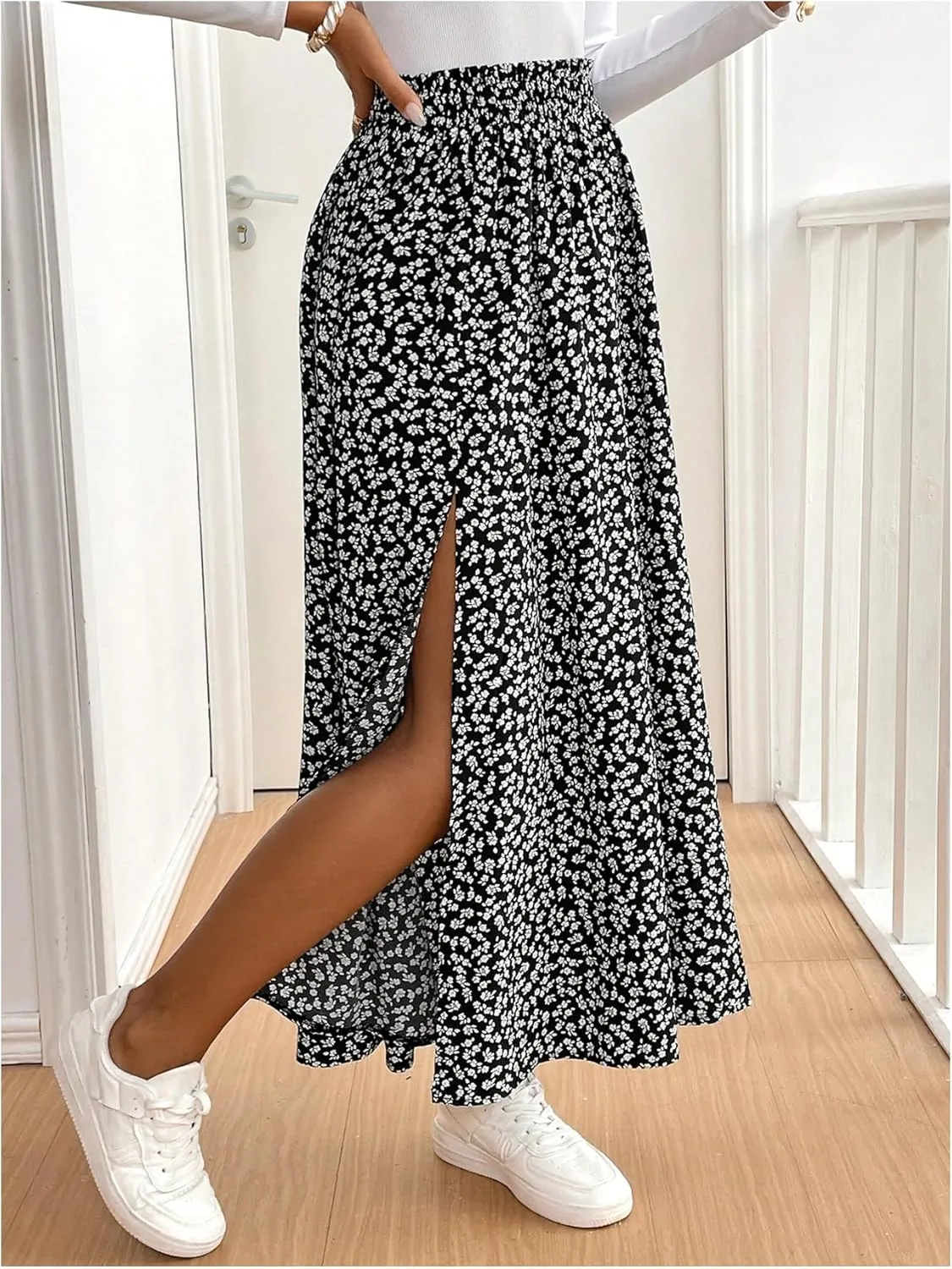 SOLY HUX Women's Floral Print Skirt High Waisted Split A Line Flowy Casual Summer Long Skirts