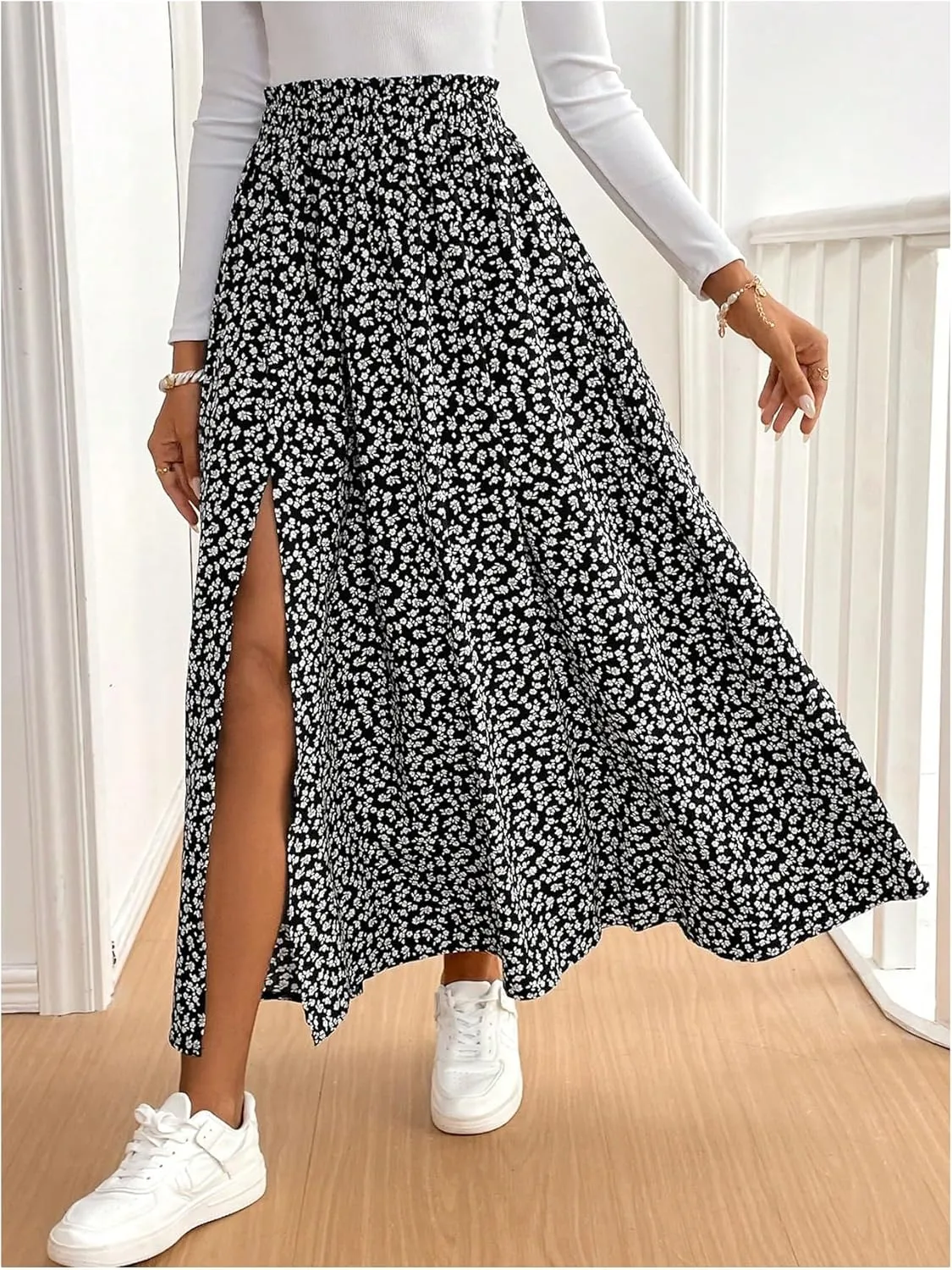 SOLY HUX Women's Floral Print Skirt High Waisted Split A Line Flowy Casual Summer Long Skirts