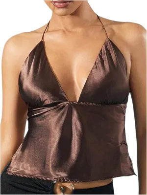 SOLY HUX Women's Satin Halter Top Deep V Neck Tie Backless Party Crop Camisole Clubwear