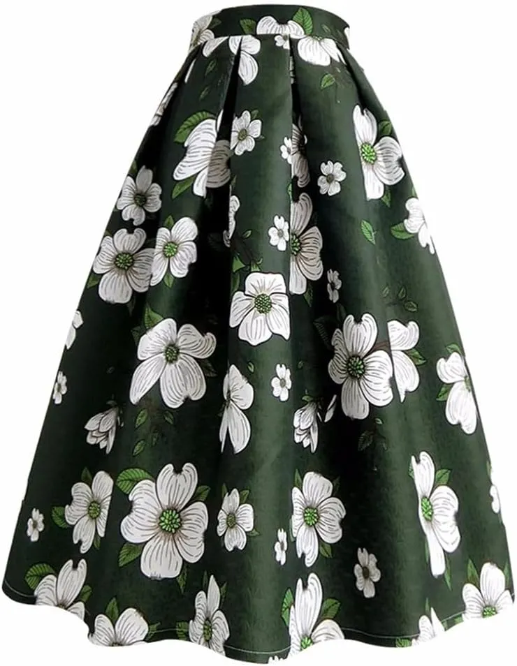 Spring Autumn Vintage Elegant Floral Print Aesthetic Y2k Purple Rose Pleated Long Midi Skirt