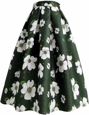 Spring Autumn Vintage Elegant Floral Print Aesthetic Y2k Purple Rose Pleated Long Midi Skirt