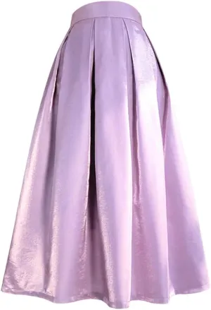 Spring Simple Pastel Candy Color Glittering Purple High Waist Pleated Midi Satin Skirt Birthday Party